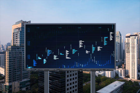 Glowing FOREX graph hologram on billboard, aerial panoramic cityscape of Bangkok at sunset. Stock...