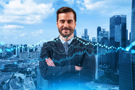 Prosperous Caucasian trader in suit in crossed arms pose dreaming about positive behavior of stock...