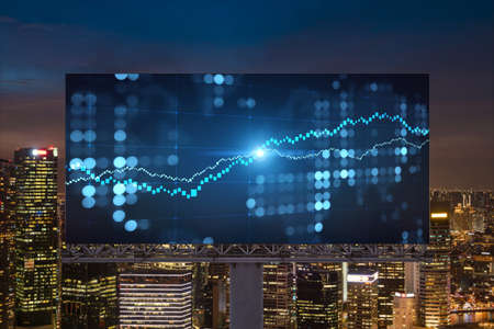FOREX graph hologram on billboard, aerial night panoramic cityscape of Singapore. The developed location for stock market researchers in Southeast Asia. The concept of fundamental analysisの写真素材