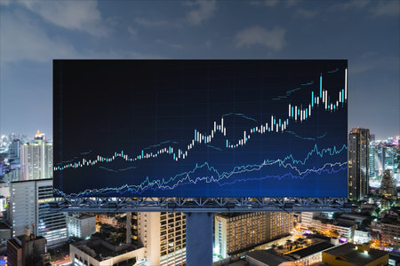 FOREX graph hologram on billboard, aerial night panoramic cityscape of Bangkok. The developed...