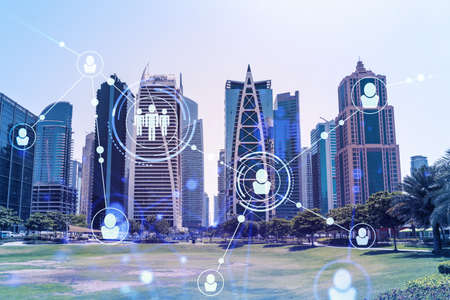 Panoramic view skyscrapers. Modern cityscape of the capital of the Emirate of Dubai. Recruitment and...