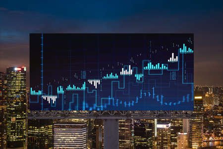 FOREX graph hologram on billboard, aerial night panoramic cityscape of Singapore. The developed location for stock market researchers in Southeast Asia. The concept of fundamental analysisの写真素材