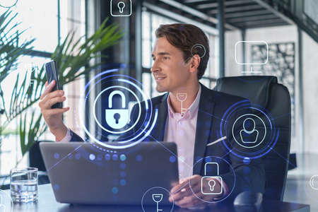 Businessman in suit checking cyber security using smart phone to protect clients confidential...