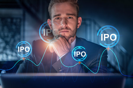 Portrait of handsome businessman in formal suit thinking how to optimize IPO strategy. Financial...