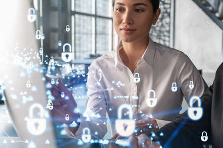 Businessman and businesswoman working together to protect clients confidential information and cyber...