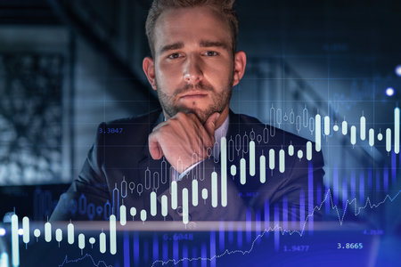 Portrait of handsome businessman in formal suit thinking how to optimize trading strategy at...