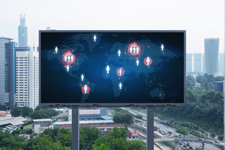 World planet Earth map hologram on billboard over panorama city view of Kuala Lumpur, Malaysia,...