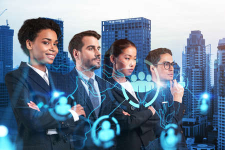 Group of SMM specialists working on social media marketing strategy to achieve business goals....