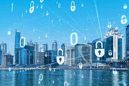 Skyscrapers of Dubai business downtown. International hub of trading and financial services. Lock...