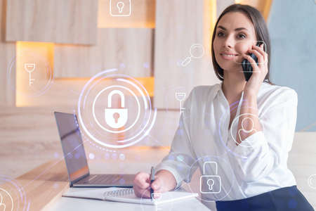 Attractive businesswoman in white shirt has conference call of cyber security in compliance division...