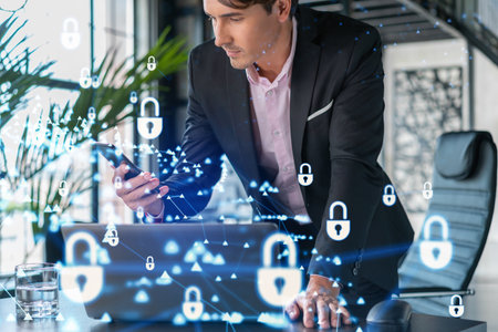 Businessman in suit checking cyber security using smart phone to protect clients confidential...