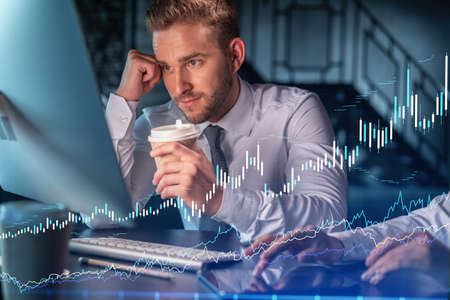 Two colleagues in formal wear working together to optimize trading strategy at corporate finance...