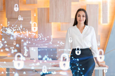Portrait of attractive smiling businesswoman thinking how to protect clients confidential...