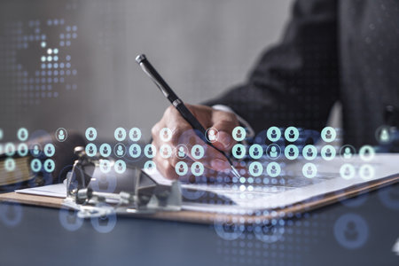 African American businesswoman signing the contract to boost her career and gain new opportunities in personal growth. Hiring new talented crew. Social media hologram icons. Women in business conceptの写真素材