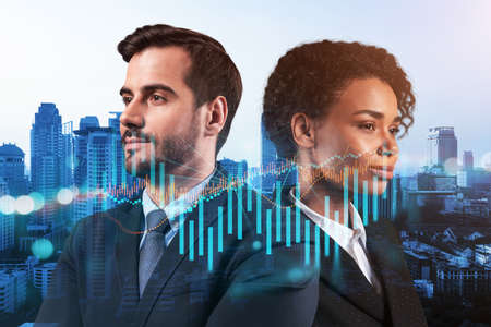 Two colleagues in multinational corporate team dreaming about career opportunities after MBA graduation. Trading at corporate finance fund. Forex chart. Bangkok on background. Double exposure.の写真素材