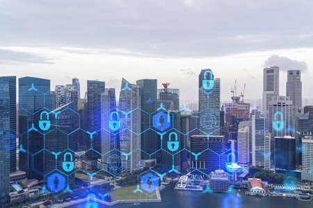 Padlock icon hologram over panorama city view of Singapore to protect business in Asia. The concept...