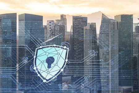 Hologram of padlock on sunset panoramic cityscape of Singapore, Asia. The concept of cyber security intelligence. Multi exposure.の写真素材