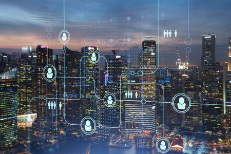 Glowing Social media icons on night panoramic city view of Singapore, Asia. The concept of...