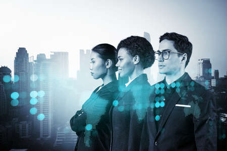 Group of SMM specialists working on social media marketing strategy to achieve business goals. Hologram icons over Bangkok background.の写真素材