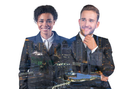 African American business woman and European businessman in suits, hand on chin. Asia corporate...