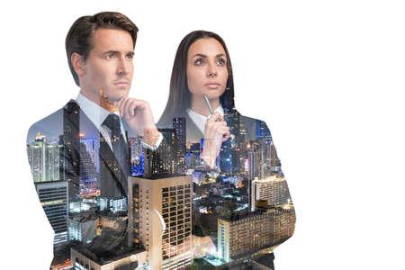 Attractive businesswoman and handsome businessman in suits, hand on chin. Asia corporate lifestyle,...