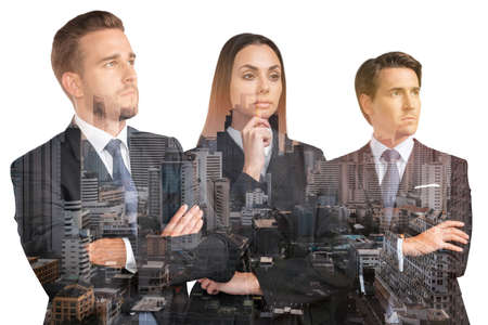Three positive business people consultants in suits, crossed arms pose. Asia corporate lifestyle, multinational diverse young professionals. Night Bangkok city view. Double exposureの写真素材