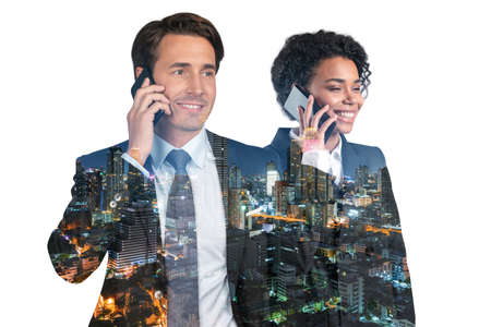 Attractive businesswoman and handsome businessman in suits talking phone. Asia corporate lifestyle,...