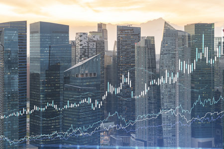 Market behavior graph hologram, sunset panoramic city view of Singapore, popular location to achieve financial degree in Southeast Asia. The concept of financial data analysis. Double exposure.の写真素材