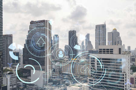 Technology hologram over panorama city view of Bangkok. The largest tech hub in Southeast Asia. The...