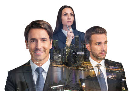 Three thoughtful and positive business people consultants in suits. Asia corporate lifestyle, multinational diverse young professionals. Night Singapore city view. Double exposureの写真素材