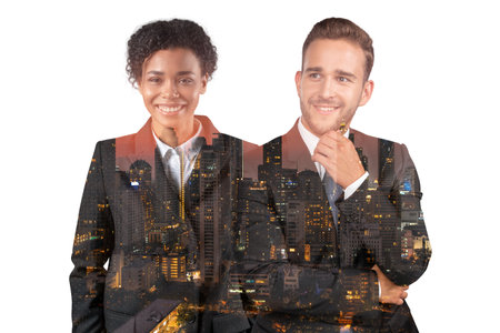 African American business woman and European businessman in suits, hand on chin. Asia corporate lifestyle, multinational diverse young professionals. Night Bangkok city view. Double exposureの写真素材