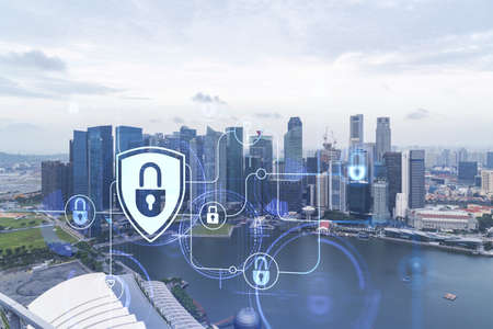 Padlock icon hologram over panorama city view of Singapore to protect business in Asia. The concept...
