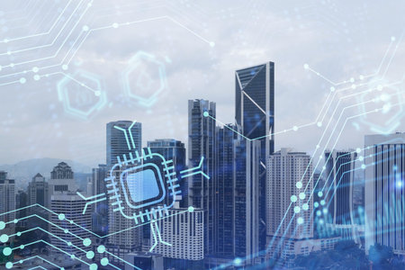 Technology hologram over panorama city view of Kuala Lumpur. KL is the largest tech hub in Malaysia,...