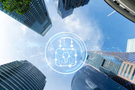 Hologram padlock icons symbolize the business protection in Asia over low angle shot of Singapore...