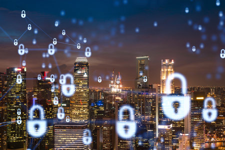 Glowing padlock hologram, night panoramic city view of Singapore, Asia. The concept of cyber...