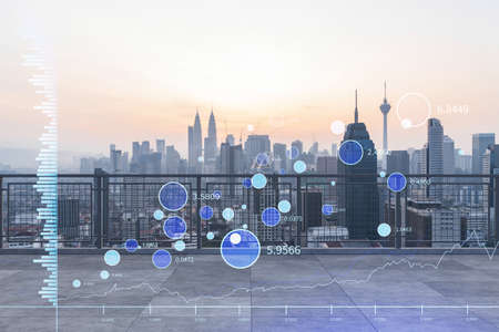 Rooftop with concrete terrace, Kuala Lumpur sunset skyline. Forecasting and business modeling of financial markets hologram digital charts. City downtown. Double exposure.の写真素材