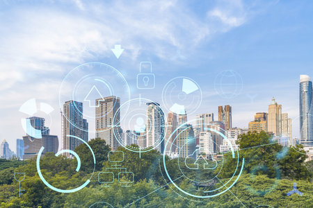 Technology hologram over panorama city view of Bangkok. The largest tech hub in Southeast Asia. The concept of developing coding and high-tech science. Double exposure.の写真素材