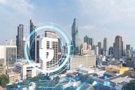 Padlock icon hologram over panorama city view of Bangkok to protect business in Southeast Asia. The...