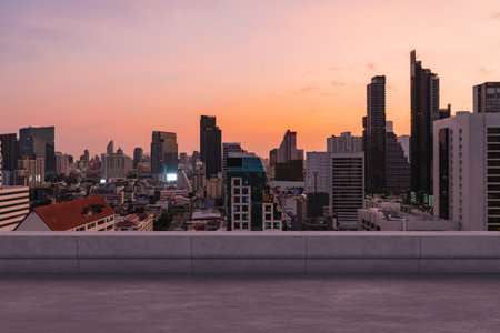 Panoramic Bangkok skyline view, concrete observatory deck on rooftop, sunset. Luxury Asian corporate and residential lifestyle. Financial city downtown, real estate. Product display mockup empty roofの写真素材