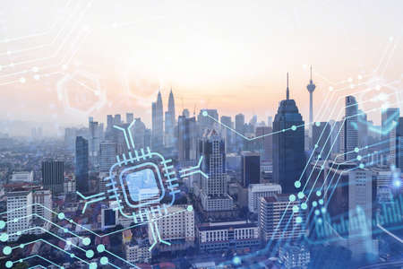 Glowing hologram of technological process, aerial panoramic cityscape of Kuala Lumpur at sunset. KL...