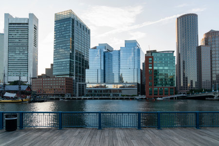 Panoramic picturesque city view of Boston Harbour and Seaport Blvd at day, Massachusetts. An intellectual, technological and political center. Building exteriors of financial downtown.の写真素材