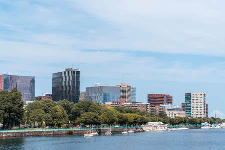 Panoramic picturesque Boston city view skyline and Massachusetts Institute of Technology campus at day time. An intellectual, technological, political and educational center.の写真素材
