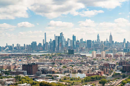 Aerial view of midtown New York City form Jersey City. Birds eye view from helicopter of cityscape...