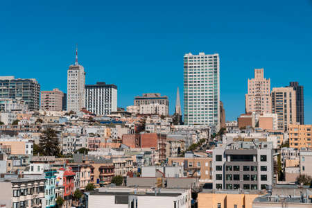 Panoramic cityscape view of San Francisco Nob hill area, which is historically known as a center of San Francisco upper class residential neighborhoods at day time, midtown, California, United States.の写真素材