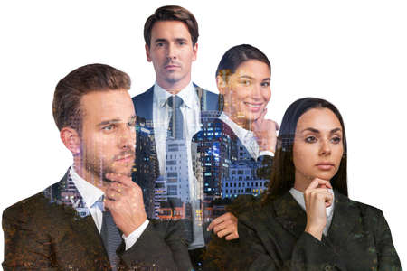 Group of four dreaming business people consultants in suits, hand on chin. Asia corporate lifestyle, multinational diverse young professionals. Night Bangkok city view. Double exposureの写真素材