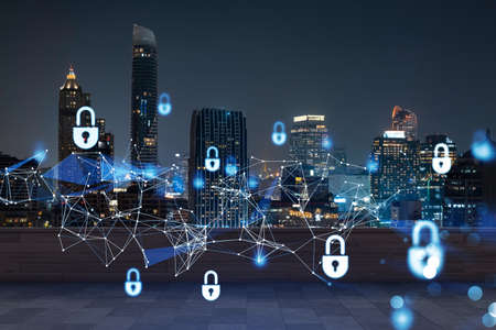 Rooftop with wooden terrace, Bangkok night skyline. Cyber security concept to protect clients...