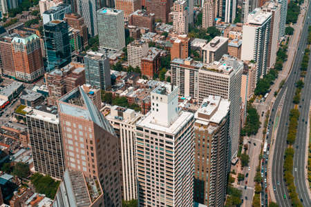 Aerial panoramic city view of Chicago downtown area at day time, Illinois, USA. Birds eye view of skyscrapers at financial district, skyline. A vibrant business neighborhood.の写真素材