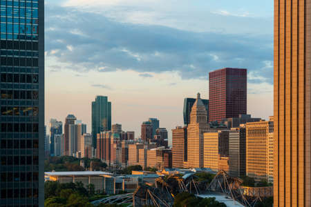 Aerial panoramic city view of Chicago downtown area at sunrise, Illinois, USA. Birds eye view of skyscrapers at financial district, skyline. A vibrant business neighborhood.の写真素材