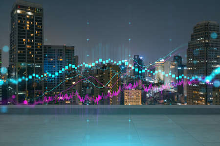 Rooftop with concrete terrace, Bangkok night skyline. Forecasting and business modeling of financial...