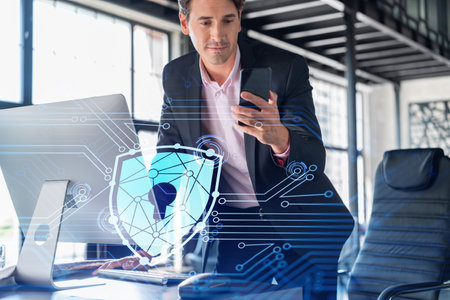 Businessman in suit checking cyber security using smart phone to protect clients confidential...